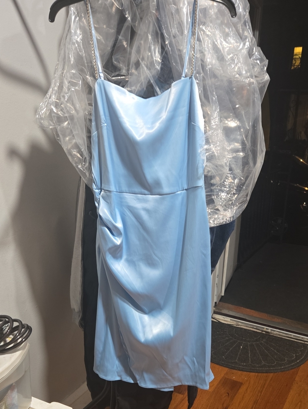 AKIRA Powder Blue Satin Slip Mini Dress with Rhinestone Straps